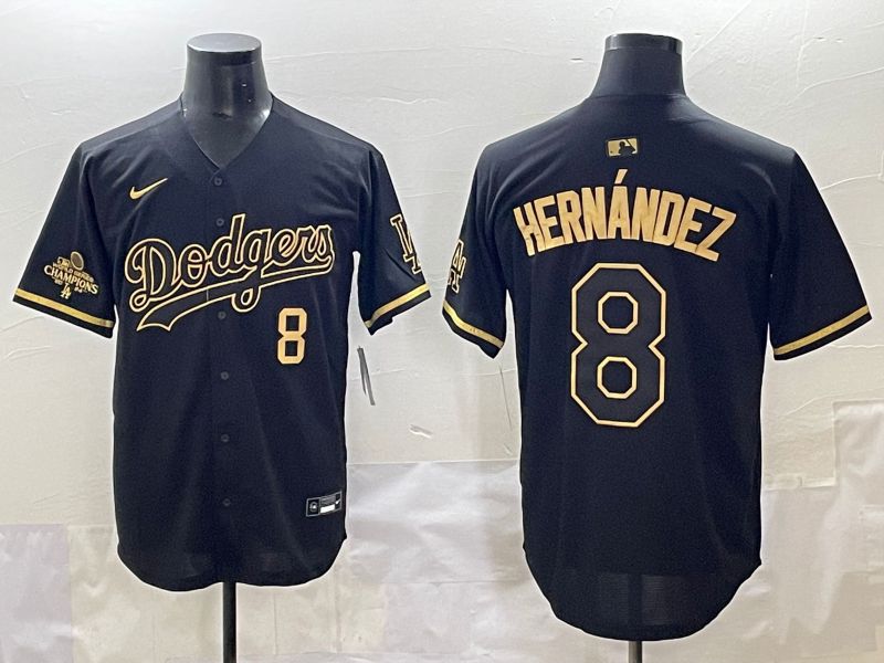 Men 2025 Los Angeles Dodgers 8 Hernandez Black Gold Five generations Nike MLB Jersey style 1